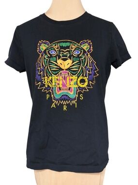 KENZO Tiger T-Shirt Black Multicolor Graphic Cotton Crew Neck Size S Vintage